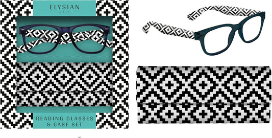 Reading Glasses And Case Set 2.5 Strength - Black & White Geo